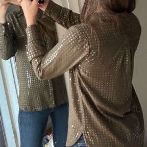 **SOLD** Maeve long sleeve button front sequin top, size small muddy sage color